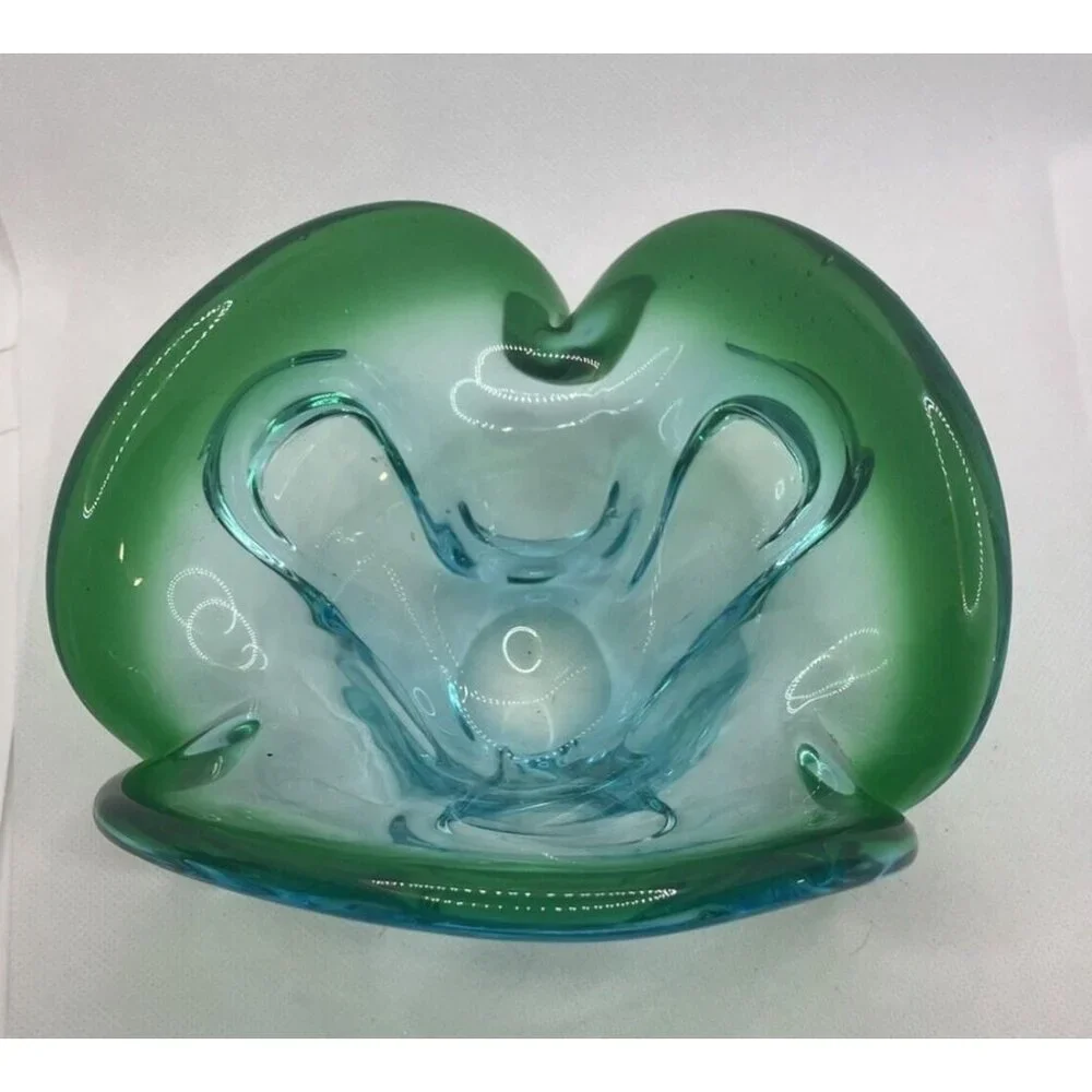 Studio Art Glass Dish Bowl Green Blue Clear Smooth Bottom 8